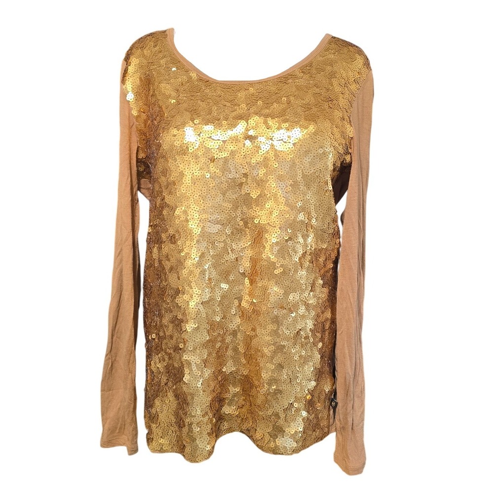 MICHAEL KORS gold sequin sparkle long sleeve scoop neck shimmer top celebrate L